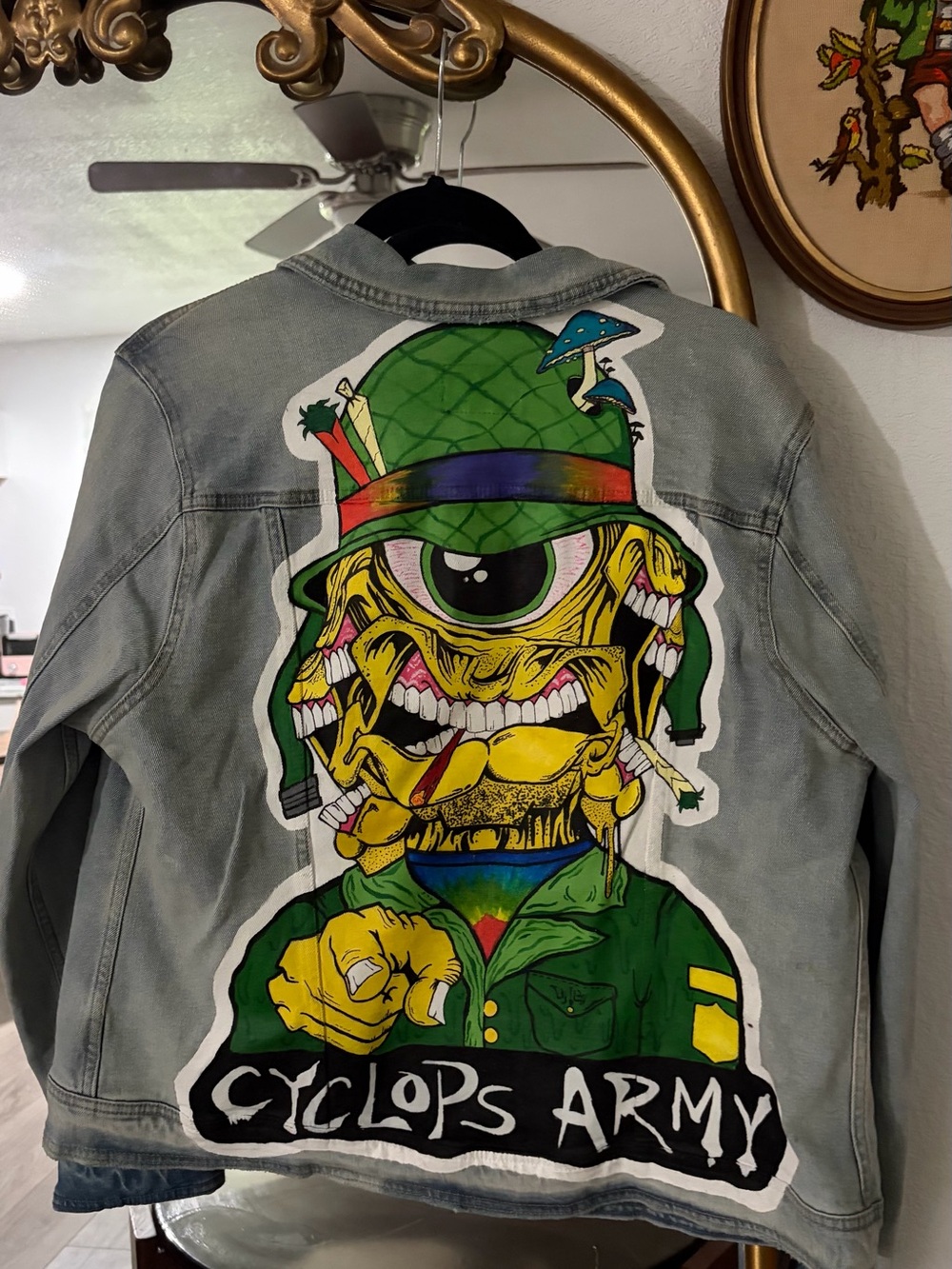 Subtronics Custom Denim Jacket with Large Cyclops Army Graphic - Green & Yellow